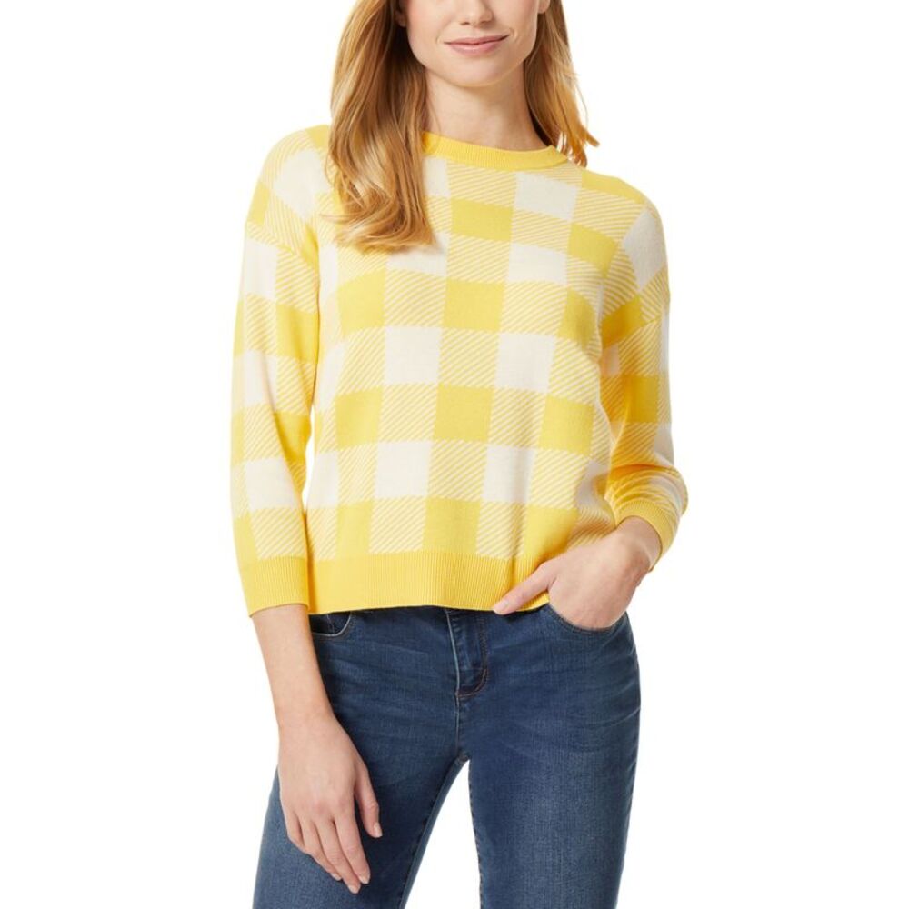 Jones New York Womens Gingham Jacquard Sweater With Three Quarter Sleeves